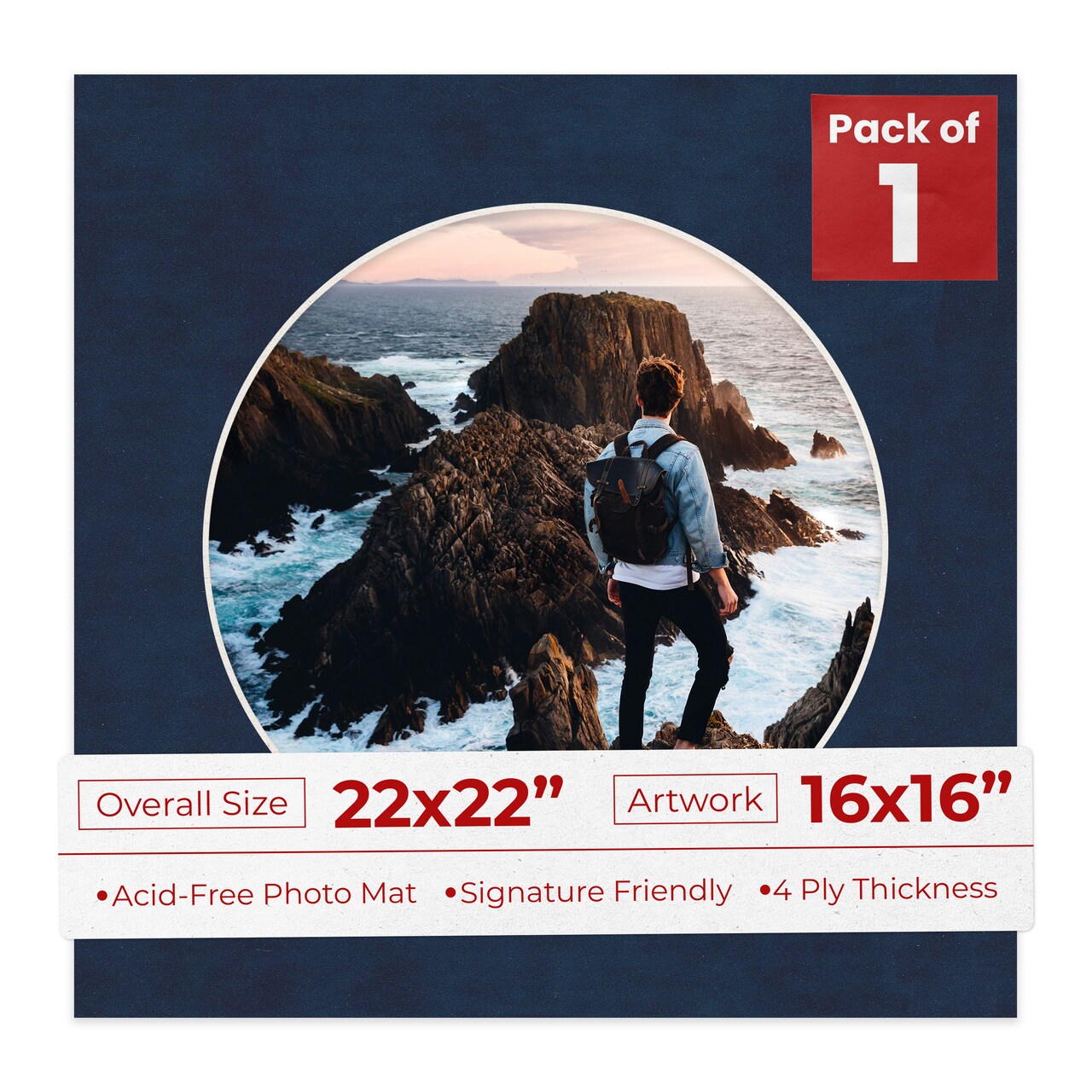 Navy Suede Mat Board for 22x22 Frames - Circle Opening for 16x16 Photos